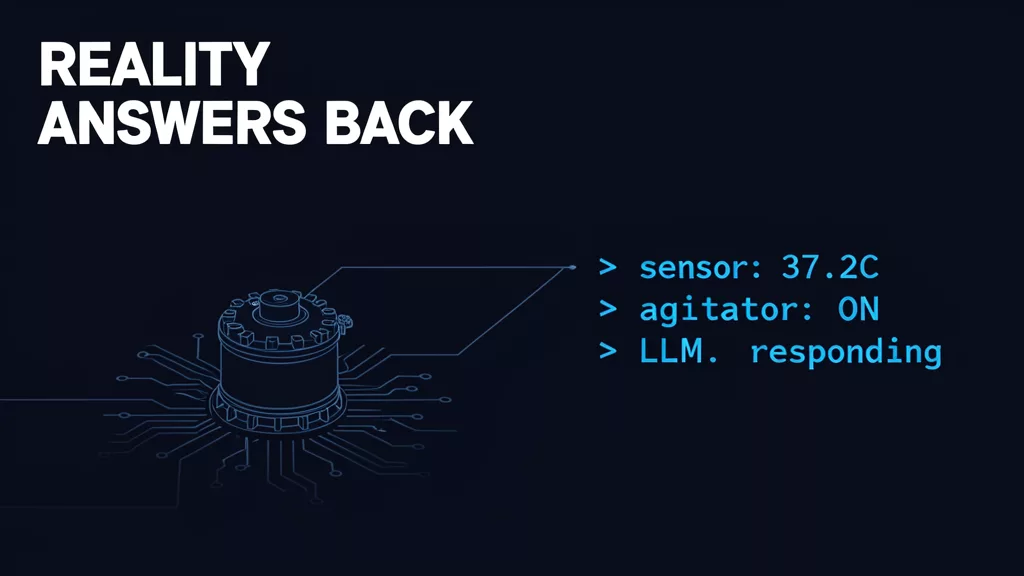 Line-art bioreactor vessel connected to circuit board traces, with terminal output showing sensor temperature, agitator status, and LLM responding
