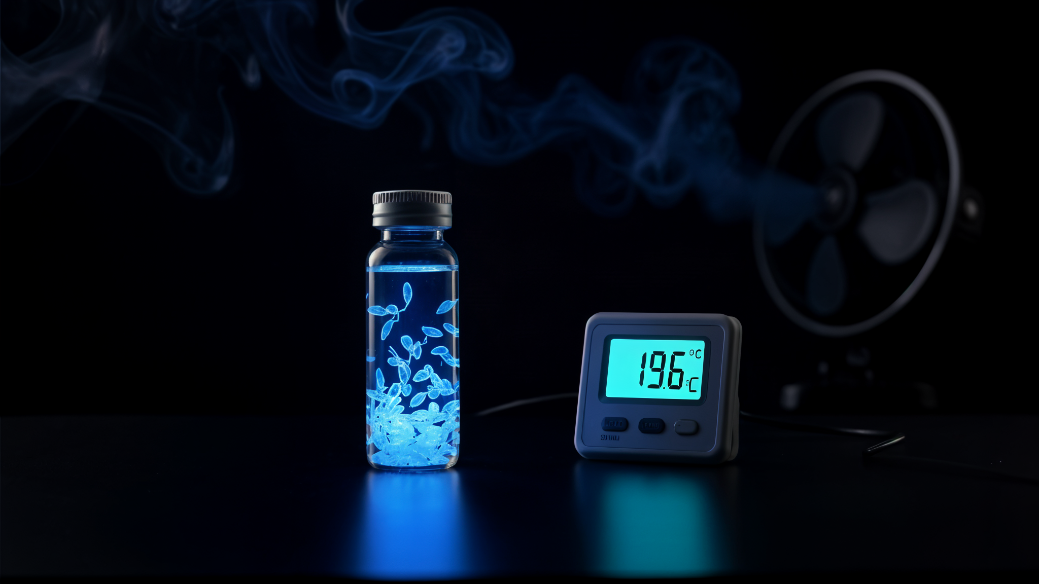 A dark lab still life: a cool 20 mL vial of bioluminescent dinoflagellates glowing soft electric blue, a digital thermometer reading 19.6C settled in the cyan safe band, a small fan in the background