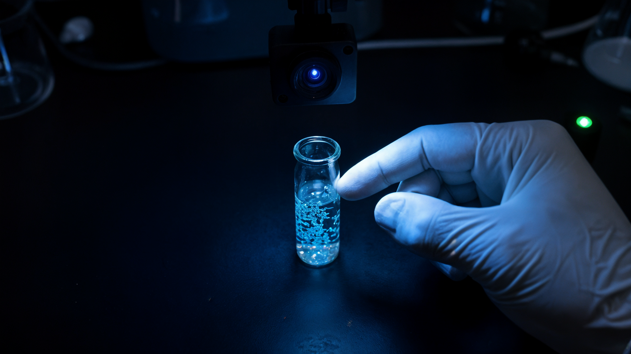 A dark lab still life: a clear vial of bioluminescent dinoflagellates on a black bench, a gloved hand mid-flick, a Pi camera lens looking straight down, lit only by an electric-cyan-blue shimmer from within the vial.