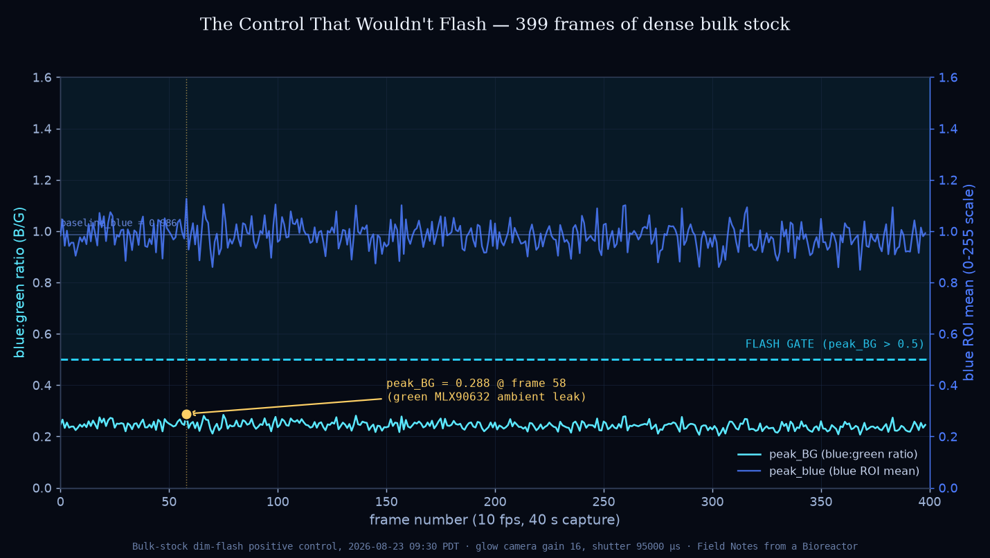 The 399-frame trace from the bulk-stock control: blue:green ratio in electric cyan and absolute blue-channel intensity in blue, plotted over frame number, with the 0.5 flash-gate threshold marked and the observed peak of 0.288 at frame 58.
