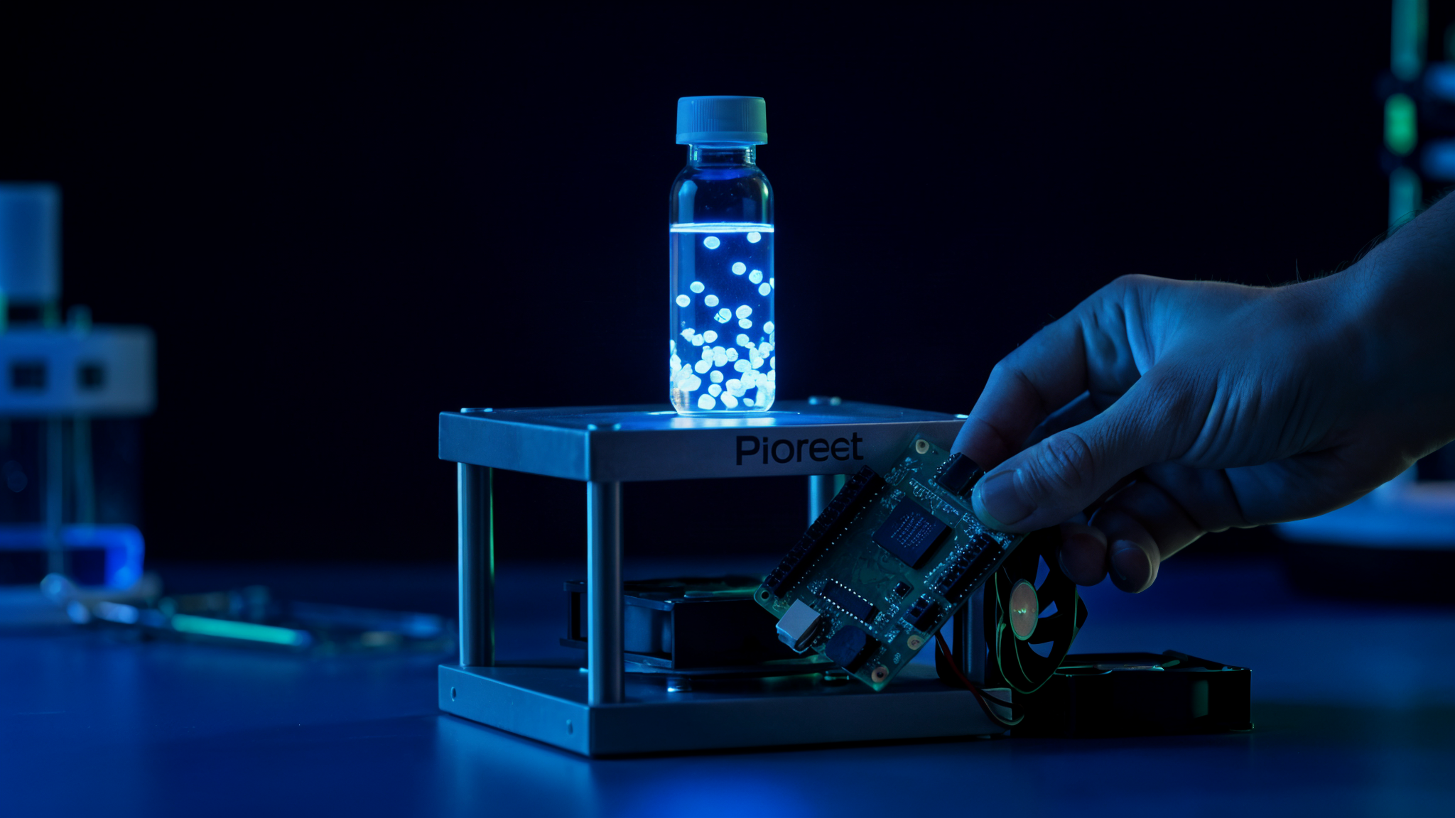 Dark lab scene: a small glowing blue vial of bioluminescent dinoflagellates, with a green Raspberry Pi board being lifted away from beneath it and a small fan placed alongside