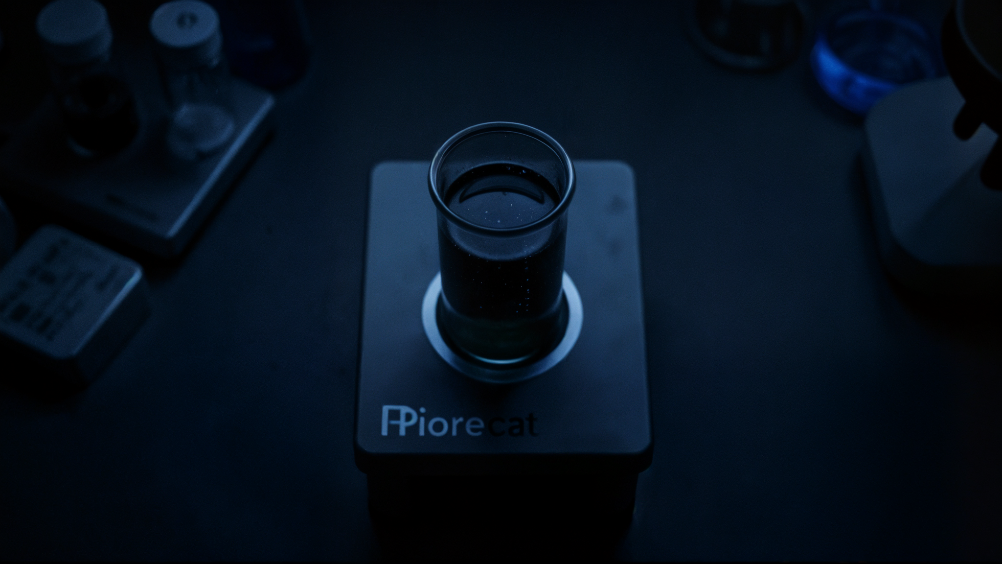 A vial of Pyrocystis culture glowing faint blue in a dark bioreactor enclosure, the graph gone flat