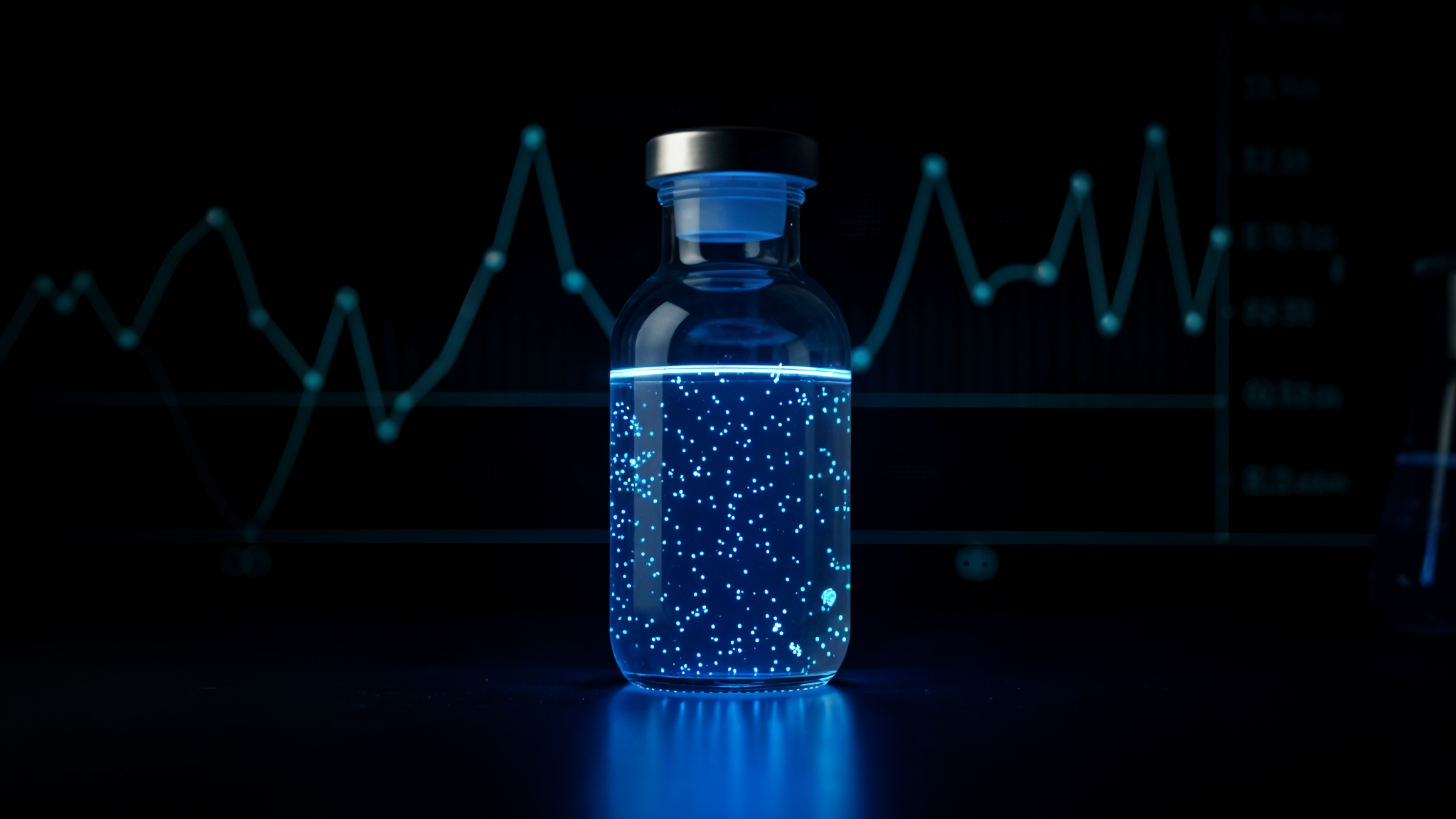 A glowing blue vial of bioluminescent Pyrocystis culture against a faint background chart, representing a culture that refused to stay dead