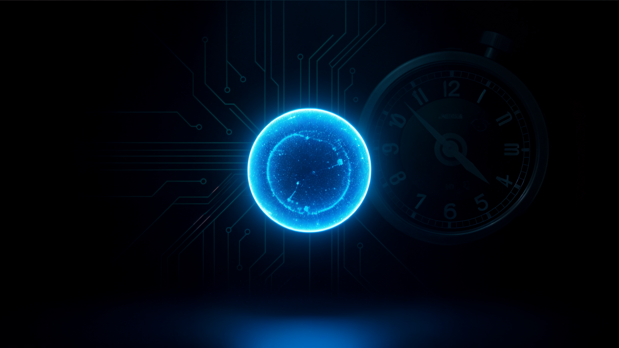A glowing bioluminescent Pyrocystis cell, luminous electric blue, guarded by the faint circle of a mechanical watchdog timer dial etched into a deep navy-black background