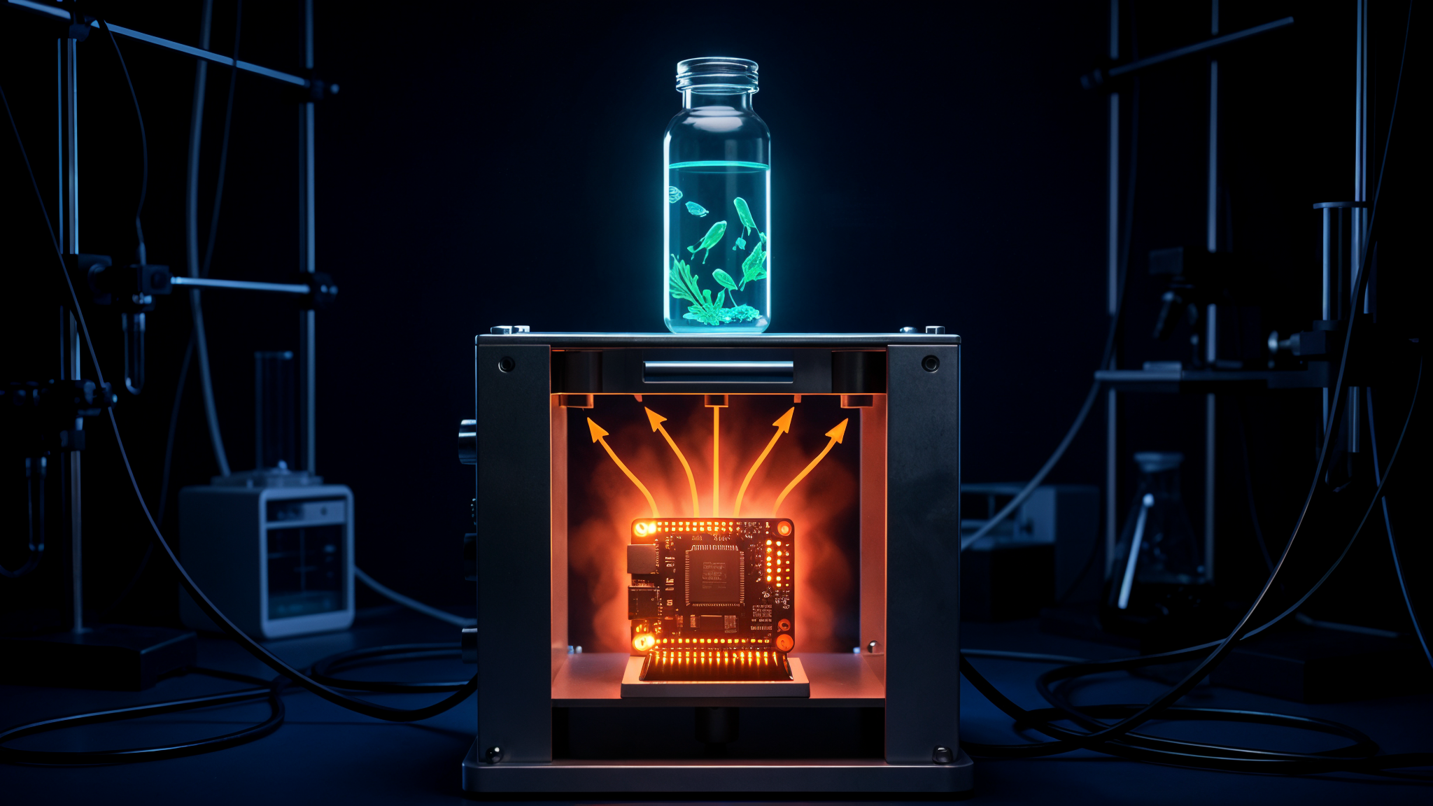 Illustrated cutaway of the Pioreactor showing the bioluminescent Pyrocystis vial above and the Raspberry Pi glowing hot directly beneath it, heat radiating upward through the chassis