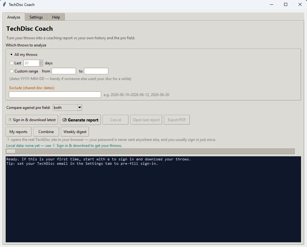 The TechDisc Coach desktop app on the Analyze tab, showing date-range selection, benchmark choice, and the two numbered buttons