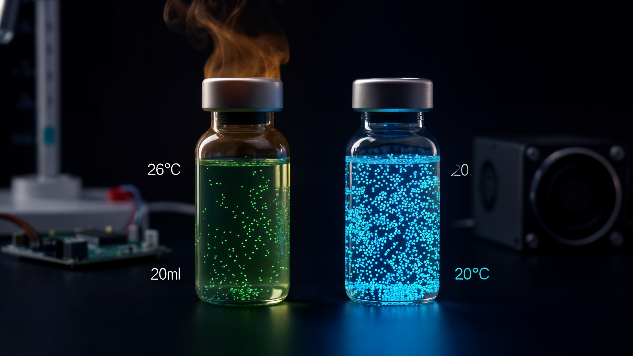 Two 20 mL culture vials side by side: the left, heat-stressed at 26°C, dark and greenish; the right, at 20°C, glowing electric blue with bioluminescent Pyrocystis fusiformis.