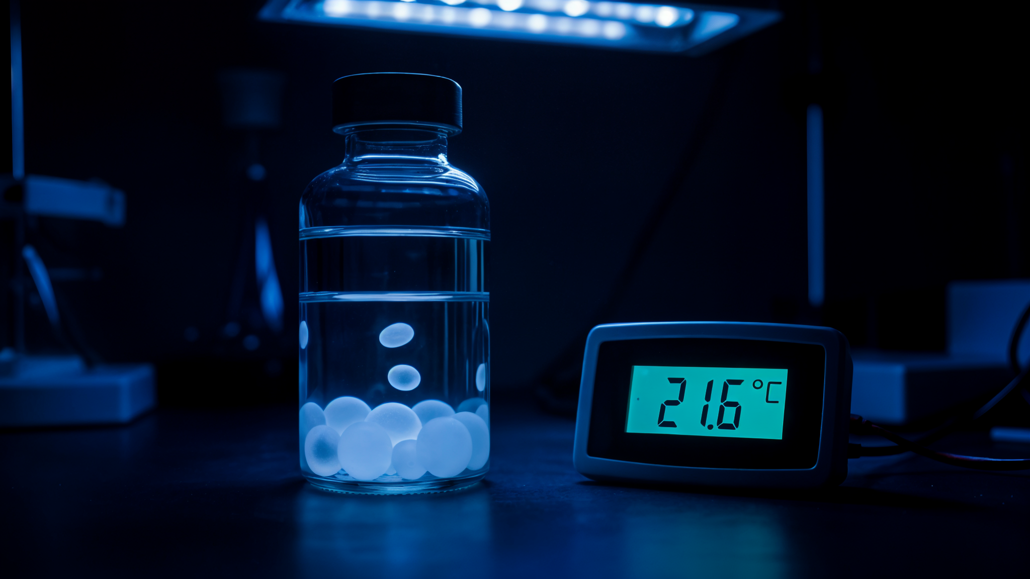 Dark lab still life: a cool 20 mL vial of settled Pyrocystis dinoflagellates glowing faint electric blue, beside a thermometer reading 21.6°C